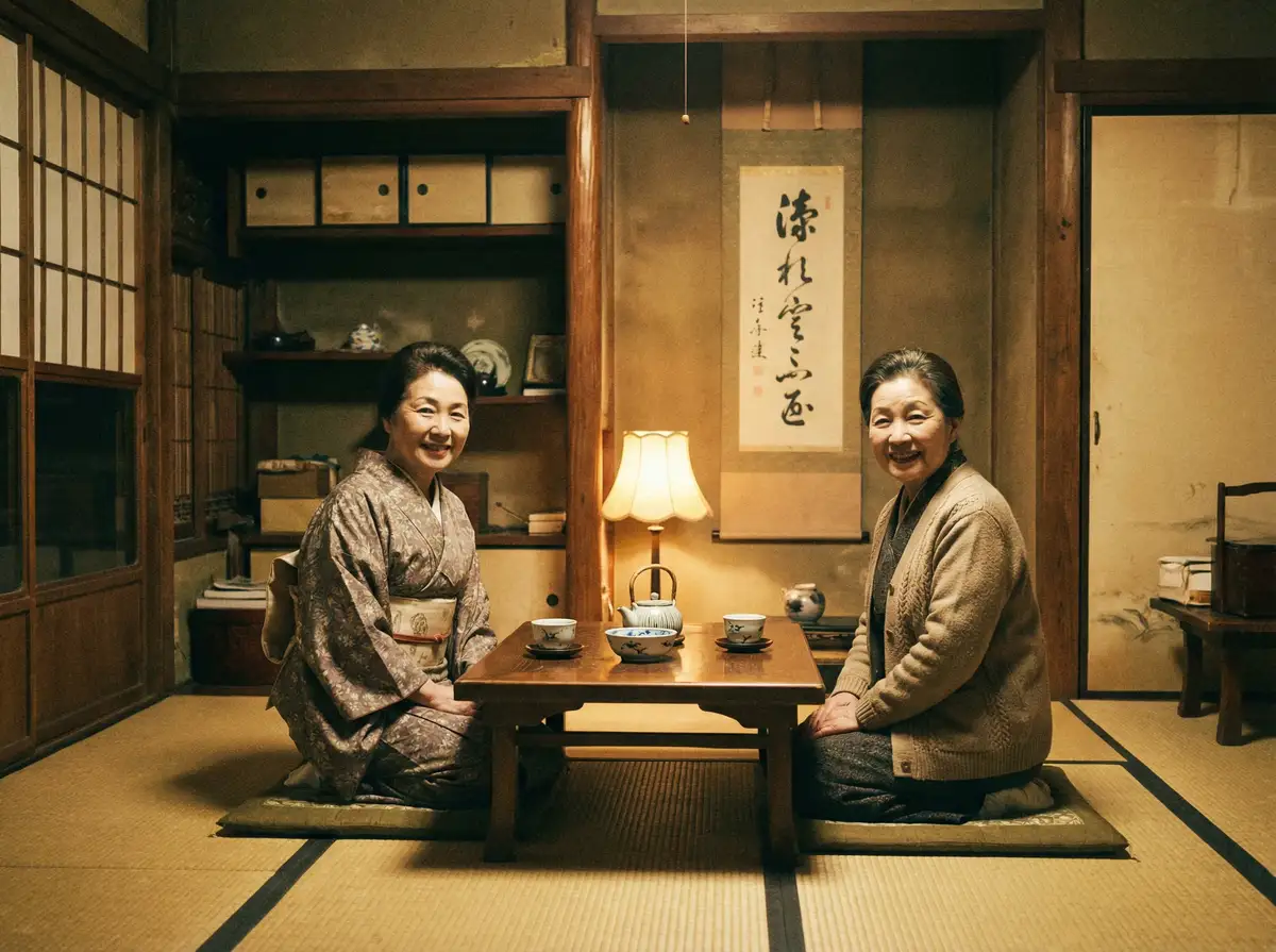 两位优雅的 黑桃tv 在日式茶室中品茶交谈